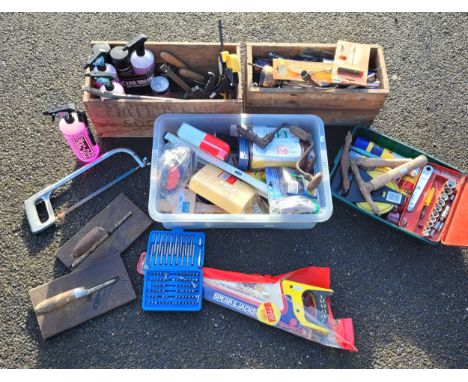 A collection of hand tools, to include, clamps, builder's tools and cleaning products, housed in four boxes. (4 Boxes and 2 S