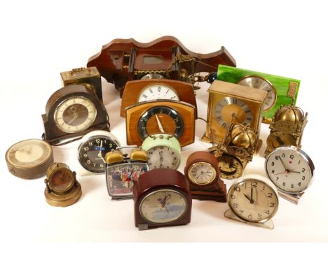 A collection of mid twentieth-century and later mantel clocks, anniversary and lantern clocks, to include, a green Peter alar