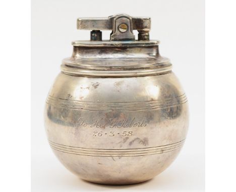 A silver witchball table lighter, London 1956, engraved 'To H.&amp; G. Roberts 26-3-58'.