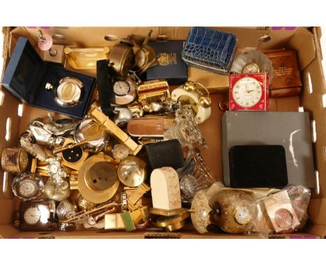 A collection of miniature and novelty clocks, to include, a Mappin and Webb carriage clock, in box, and a Roger Lascelles ala