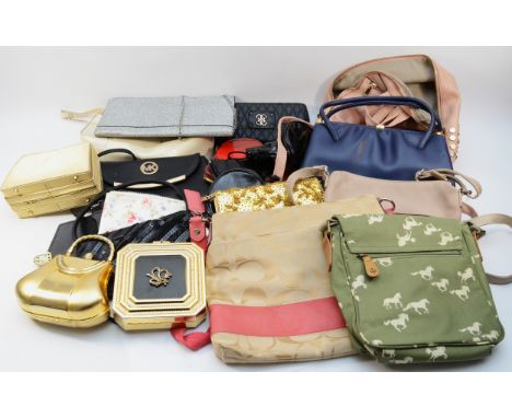 Labelled brands to include Guess black pouch bags, zippered purse, Michael Kors black fold over evening bag with shoulder str