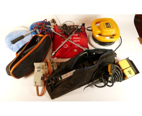 A large collection of tools, to include, a snow shovel, a car polisher, Record sash clamp, and a Shark floor mop, amongst oth