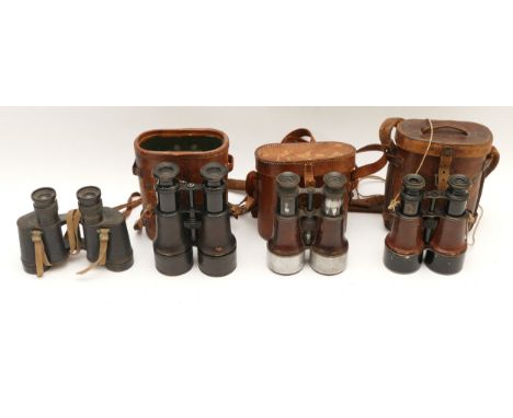 Four pairs of mid 20th binoculars, to include a military issue pair, stamped with a broad arrow.