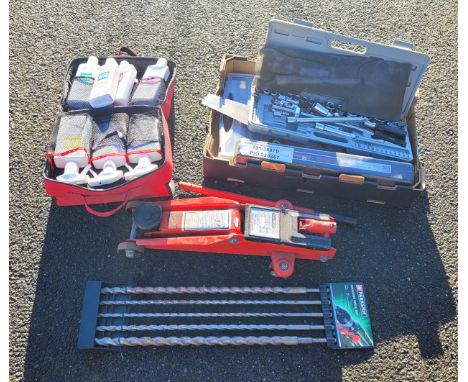 A collection of hand tools, to include, a trolley jack.