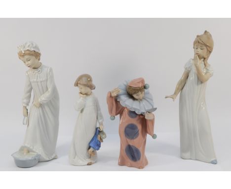 Four Lladro Nao figurines, to include, a figure depicted washing their feet, 27cm, a clown with a mirror, in a pink and purpl