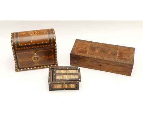 A 20th century inlaid jewellery box, in the form of a miniature treasure chest, 15x18cm, together with an Edwardian inlaid bo