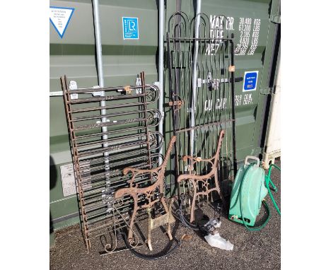 A forge metal garden gate with hinges 72cm (W) 163CM (H),  two forger metal garden railings 66cm (H) 124CM (L), forge metal b