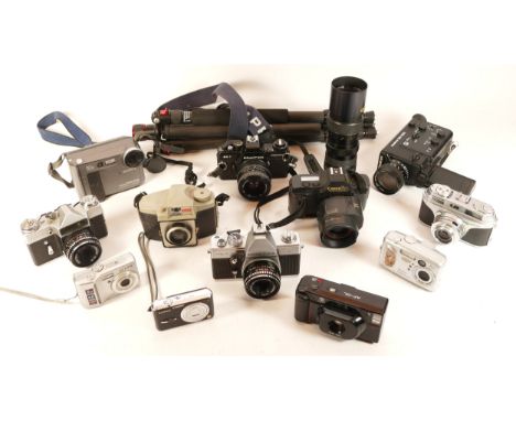 A collection of cameras and camera accessories, to include, a Praktica BC1, a Neewer Tripod, and a Kodak Brownie Cresta 3, am