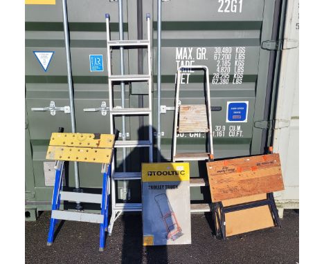 An Abru three-way step ladder, four HTS alloy platform steps, a B &amp; D workmate plus, a Focus workbench and a Tooltec Trol