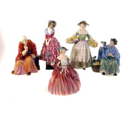 Seven Royal Doulton porcelain figures, comprising Tuppence A Bag HN2320, Genevieve HN1962, Pricilla HN1340, Invitation HN2170