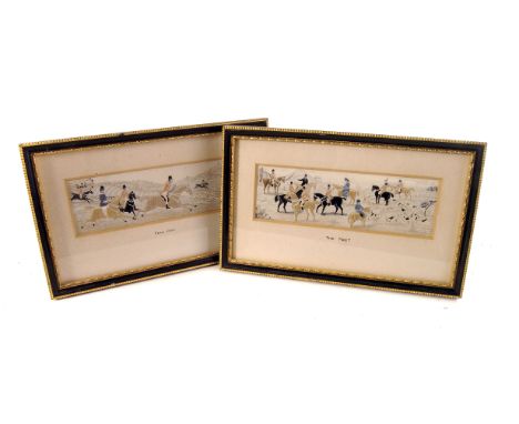 Two stereograph hunting pictures, entitled 'The Meet' and 'Full Cry', approx 4.5cm by 14.5cm, framed and glazed (2)