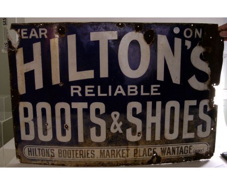 Of Local Interest Advertising: Two enamel advertising signs for 'Hilton's Reliable Boots and Shoes, Hilton Booteries, Market 