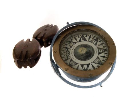 A D.Pearson & Son ships compass, on gimble mount, together with two wooden ship items (3)