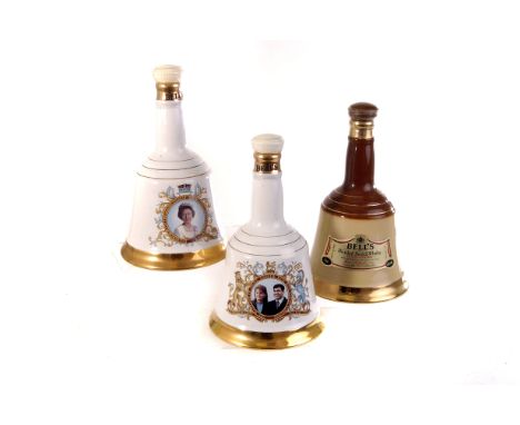 Four ceramic Bells Whiskey shaped decanters, three of Royal Commemorative themed, all complete with contents (4)