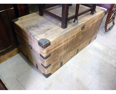 A 19th century hardwood, possible teak campaign trunk, brass bound, some AF, approx 105cm L