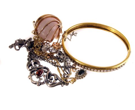 A gold and seed pearl bangle, together with an 18ct gold fine link chain and gem set pendant, with two pairs of similar earri