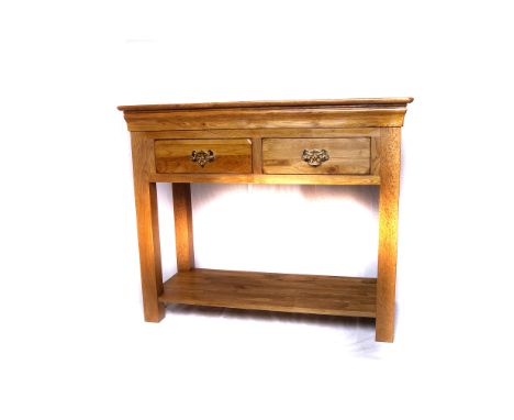 A modern oak hall table, having two short drawers to front, with lower shelf stretcher, approx 98cm W