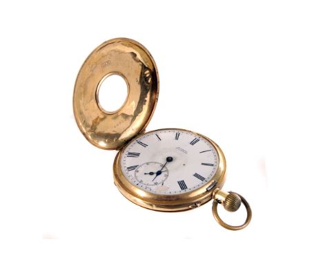 A 14ct gold Half Hunter pocket watch, with black Roman numerals to white enamel face, some damage to the face and enamel nume
