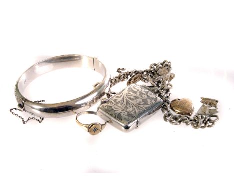 A 9ct gold plated and silver ring and heart pendant, together with a selection of silver items, comprising a bangle, a vesta 