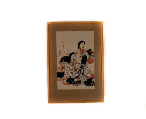 Two 19th century framed and glazed Japanese print, each showing various female figures, together with a smaller Chinese rice 