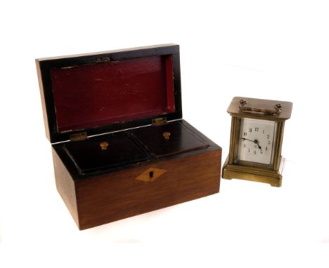 A brass and glazed carriage clock, together with a lead lined twin compartment tea caddy (2)