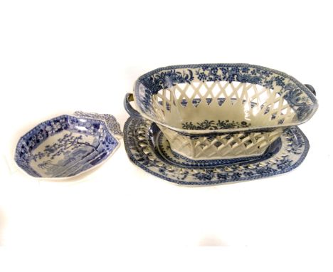 A Spode ceramic blue and white basket and plate, both with pierced design, decorated with floral pattern, together with a sma