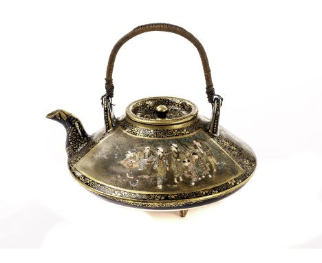 A late 19th/ early 20th century blue ground Satsuma teapot of compressed form, typically decorated with reserves of figures a