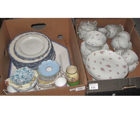 Tray of rose design floral teaware items together with a tray of other china to include: cabinet cups and saucers; large meat