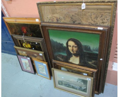Collection of very assorted furnishing pictures, small map of Carmarthenshire, portrait copy of the Mona Lisa, restrike print