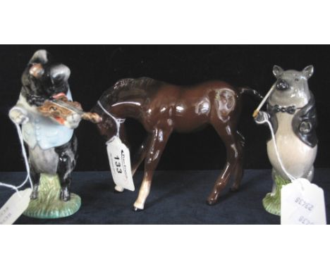 Beswick china study of a pig playing the viola, printed marks to base, named: 'Daniel' together with Beswick foal together wi