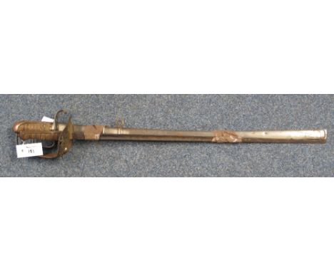 19th Century bar hilted military sword with single edge fullered blade and steel scabbard, together with an Edward VII Court 