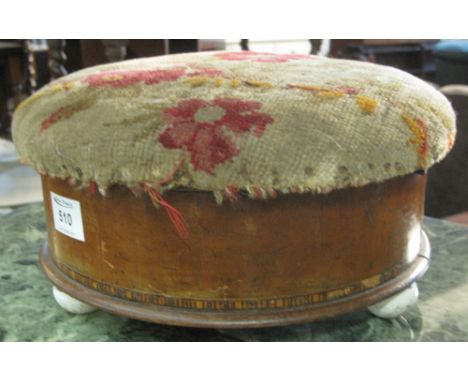 Small Victorian mahogany upholstered low footstool on ceramic bun feet.(B.P. 24% incl. VAT)