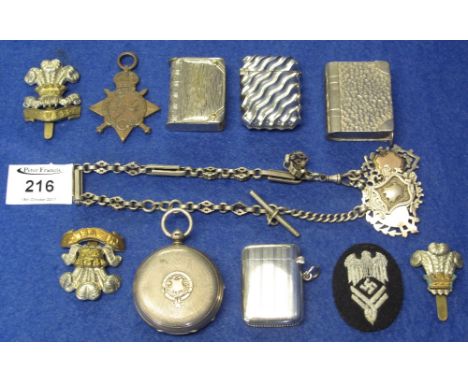 Bag of assorted collectables to include: silver and other Vesta cases; table lighter; silver full Hunter pocket watch; 1914/'