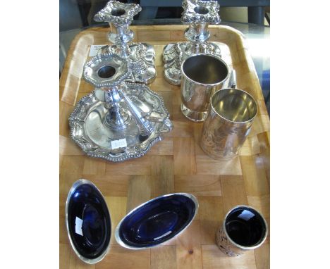 Tray of assorted silver plated items to include: pair of square section candlesticks; chamber stick; two Christening type tan