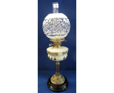 20th Century double burner oil lamp marked: Gplex, having Art Nouveau style brass column, florally painted reservoir, frosted