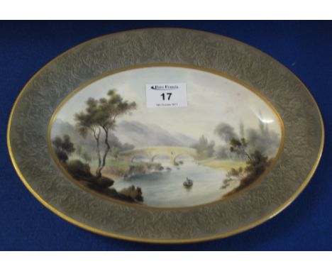 Royal Worcester porcelain oval cabinet dish depicting Kennarth Bridge, hand painted and signed: C. Johnson, printed puce mark