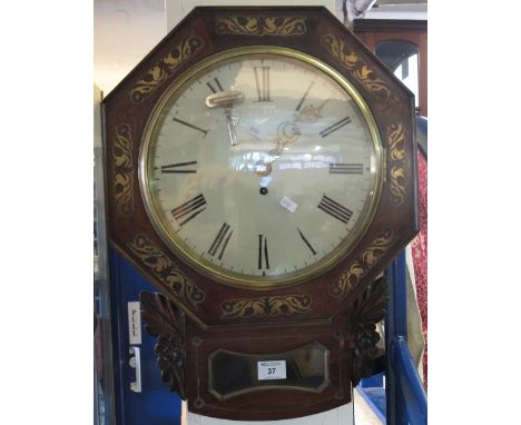 19th Century brass inlaid rosewood octagonal design drop dial wall clock with Roman numeral chapter ring.(B.P. 24% incl. VAT)