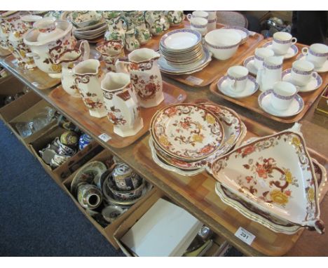 Three trays of Masons Ironstone 'Brown Velvet' items to include: various dresser jugs; baluster planter; vases; trinket dishe
