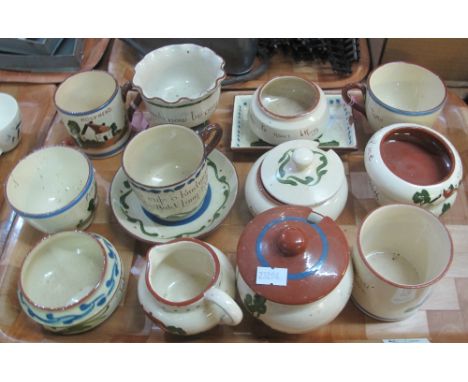 Tray of Dartmouth and Torquay and similar pottery items, to include: preserve pots; cups and saucers; trinket box etc.(B.P. 2