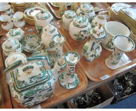 Two trays of Masons Ironstone 'Chartreuse' items to include: ginger jars and covers; pair of candlesticks; teapot; cabinet cu