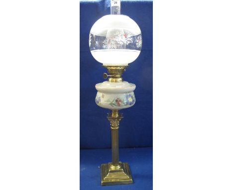 20th Century double burner oil lamp with brass Corinthian column, florally painted reservoir, frosted spherical shade and cle