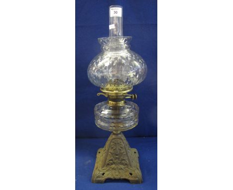 Early 20th Century single burner oil lamp marked: Hinks's No. 2 Duplex, having cast metal base, clear reservoir and shade and