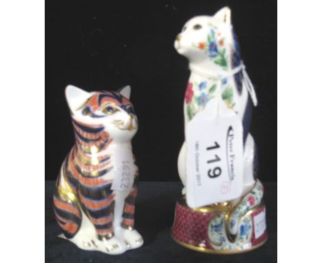 Royal Crown Derby bone china paperweight in the form of a sitting cat with gold button stopper, together with Royal Worcester