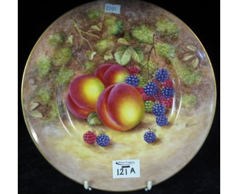 Royal Worcester bone china cabinet plate, hand painted with fruit on a mossy background, black printed marks to base, signed 