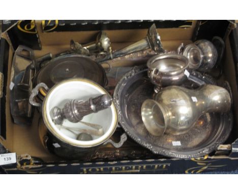 Box of assorted silver plated items to include: epergne; sucrier; cream jug; jug; twin handled tray; shell handled tray; ice 