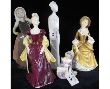 Three assorted figurines to include: Royal Doulton bone china 'Sandra', HN2275; Nao porcelain figure of a female and Spode bo