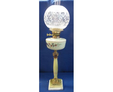 20th Century double burner oil lamp with onyx column, florally painted reservoir and frosted, spherical shade with clear glas