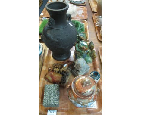 Tray of mixed Oriental items comprising: Japanese ceramic vase decorated with relief three clawed dragons; pair of Majolica D