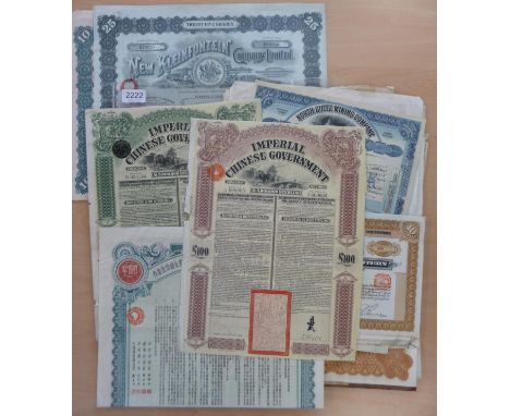Scripophily An interesting collection of bond and share certificates, including; Chinese Gold Loan, 1908, 5%, £100, purple ce