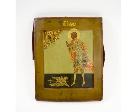 ICON, depicting a warrior martyr witnessing Christ with angels seated in a cloud painted on wooden panel, 30.5cm H x 25cm.